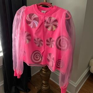 NWOT Queen of Sparkles Pink and Organza Peppermint Sweatshirt XS